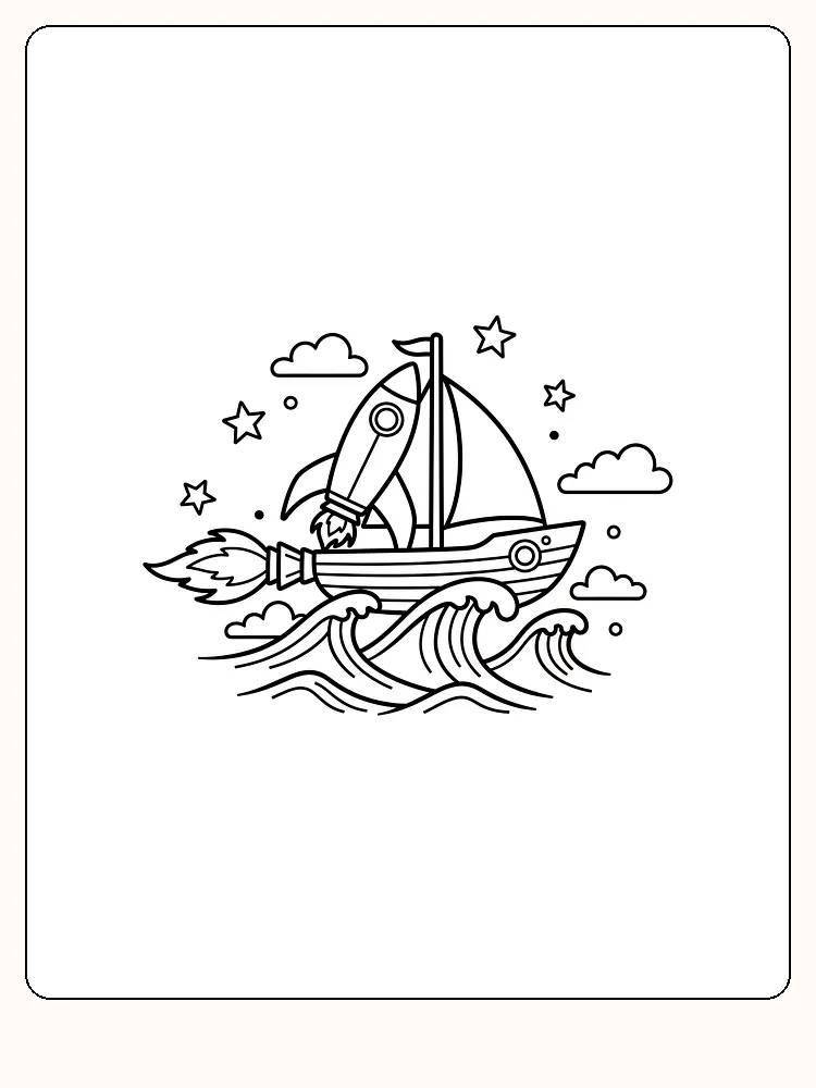 Ausmalbild eines einzigartigen Bootes mit einer Rakete, das unter den Sternen auf den Wellen segelt, bereit zum Ausdrucken.