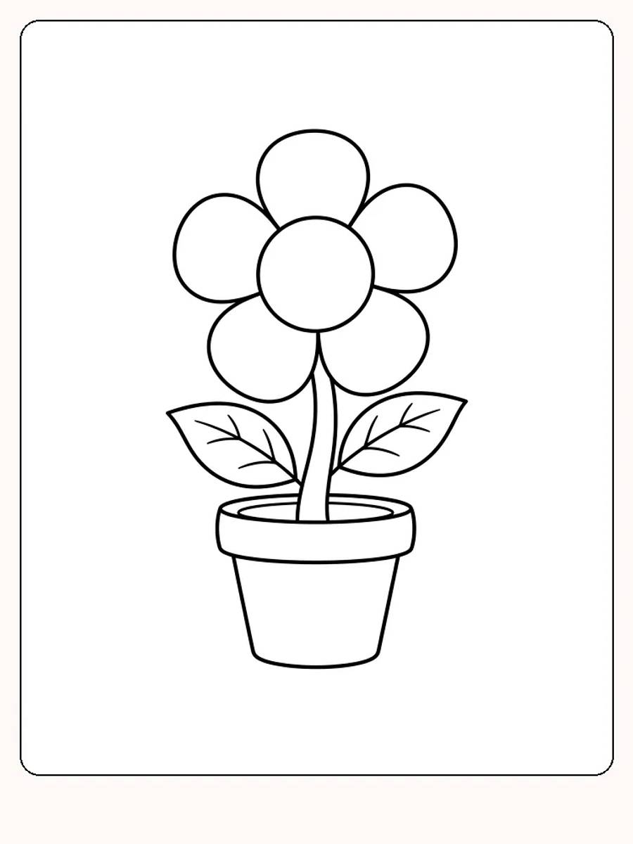 Blomst med fem runde kronblad og to blad på stilken, i en liten blomsterpotte med bred kant på hvit bakgrunn