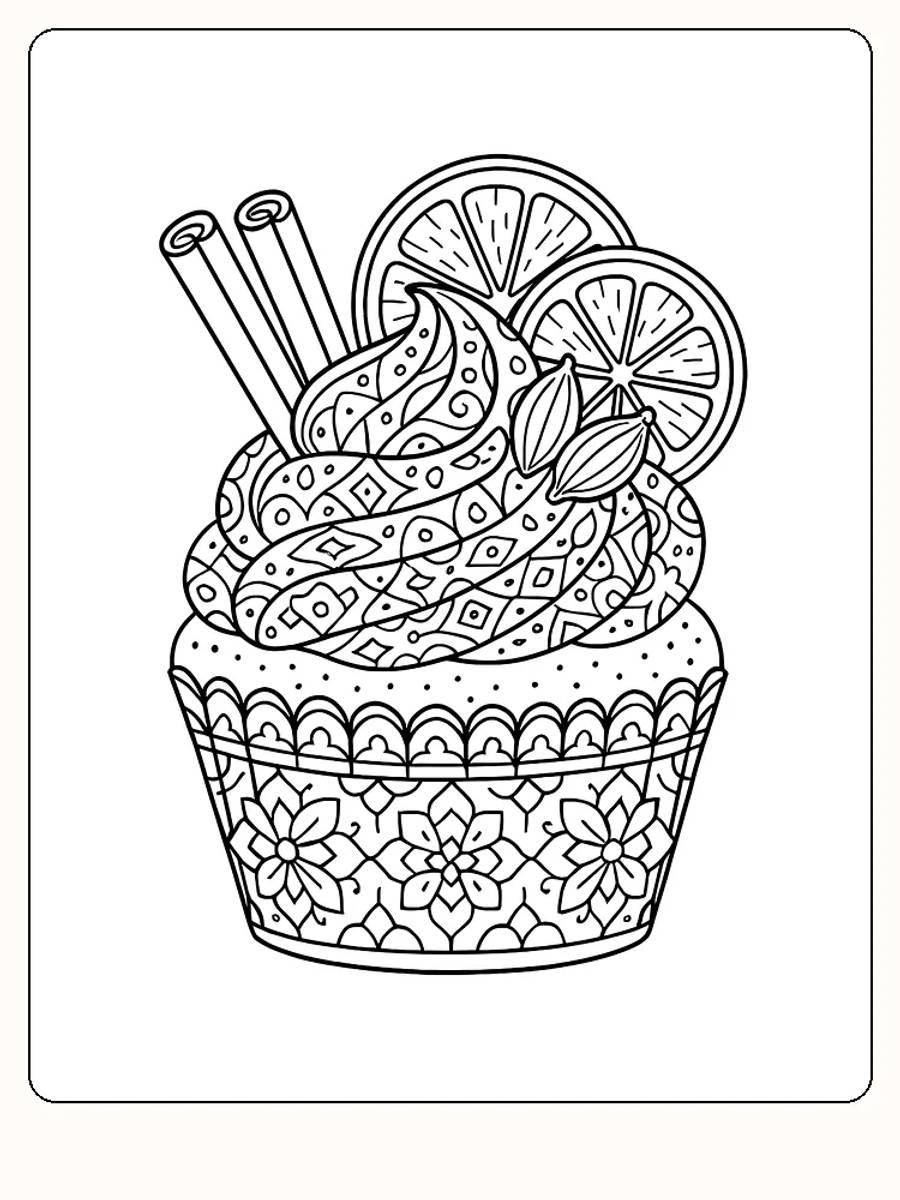 Fargelegg en dekorativ cupcake med sitronskiver og krydderdryss, perfekt for kreativ utfoldelse