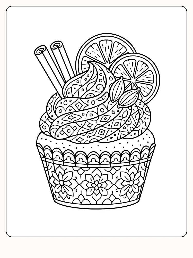 Fargelegg en dekorativ cupcake med sitronskiver og krydderdryss, perfekt for kreativ utfoldelse