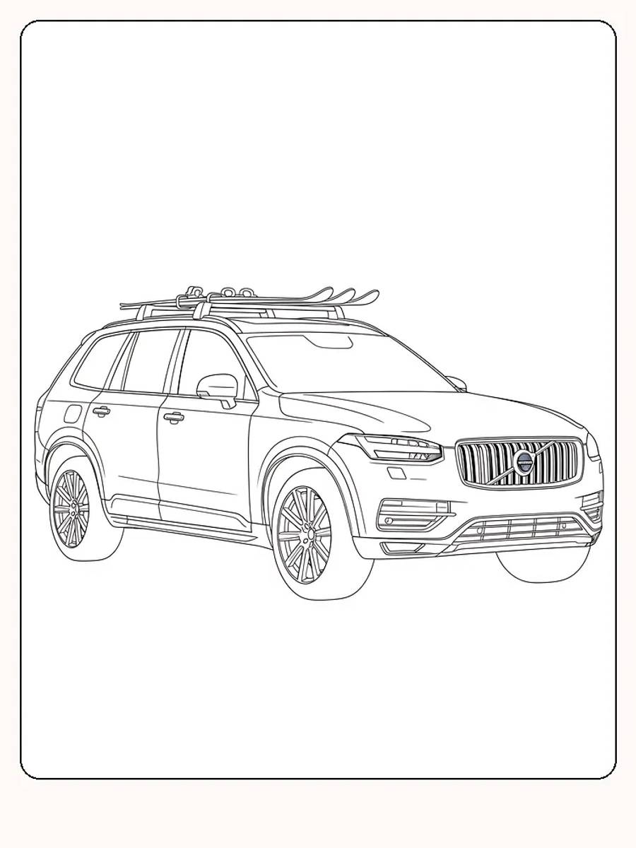 Tegning til farvelægning af en Volvo SUV med skiholder, klar til download