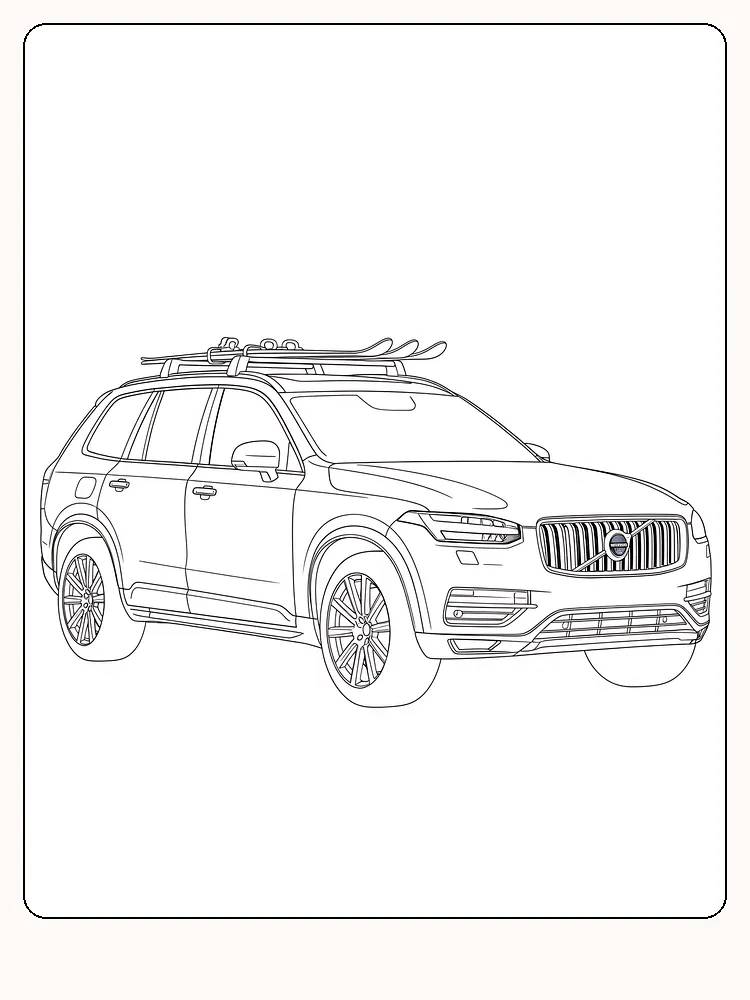 Tegning til farvelægning af en Volvo SUV med skiholder, klar til download