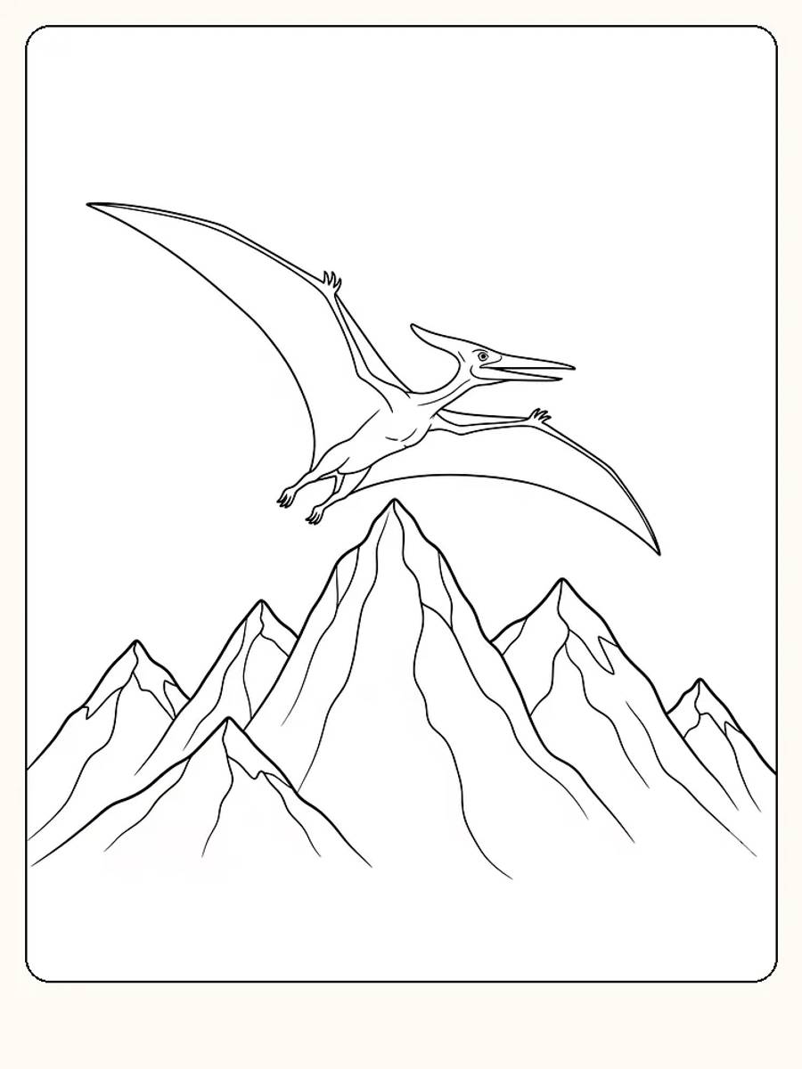 Fargeleggingstegning av en pterosaur som svever over fjelltopper, klar for utskrift