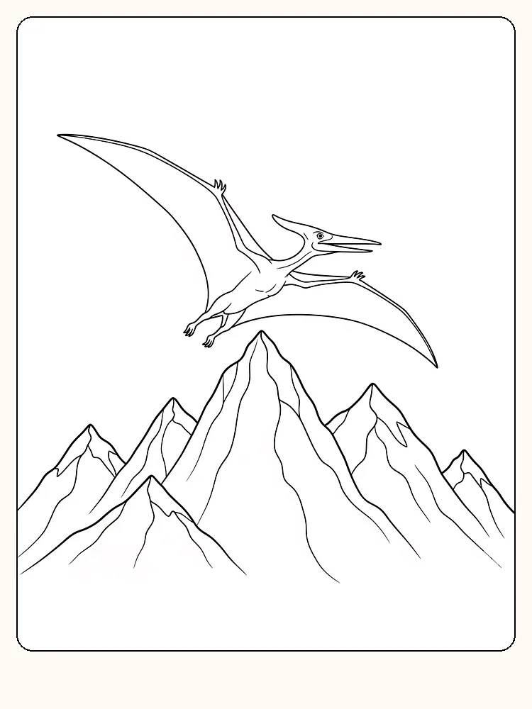 Fargeleggingstegning av en pterosaur som svever over fjelltopper, klar for utskrift