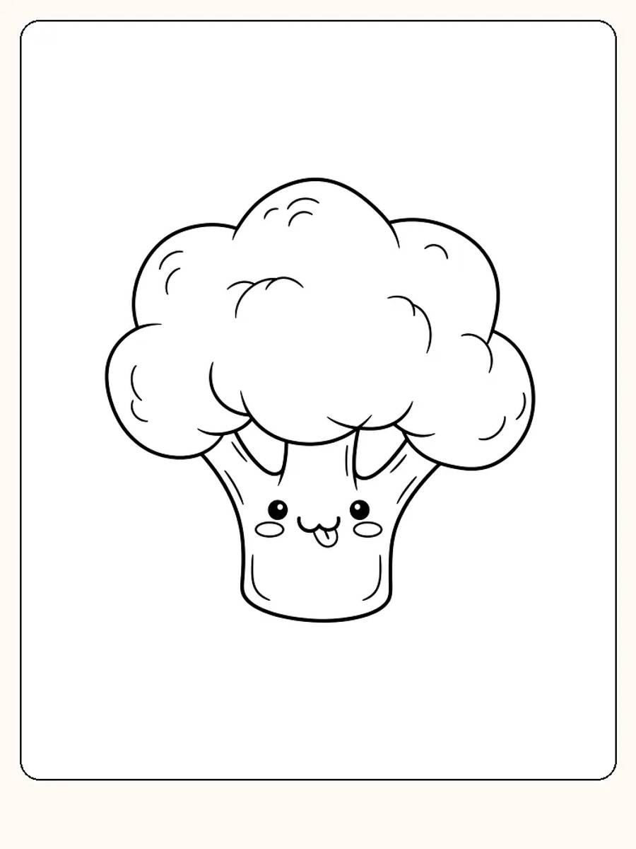 Farvelægning af en glad broccoli med ansigt i kawaii-stil