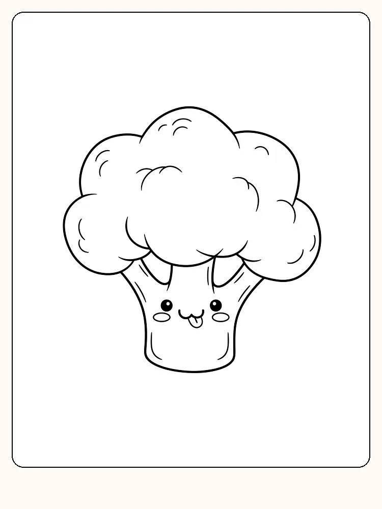 Farvelægning af en glad broccoli med ansigt i kawaii-stil