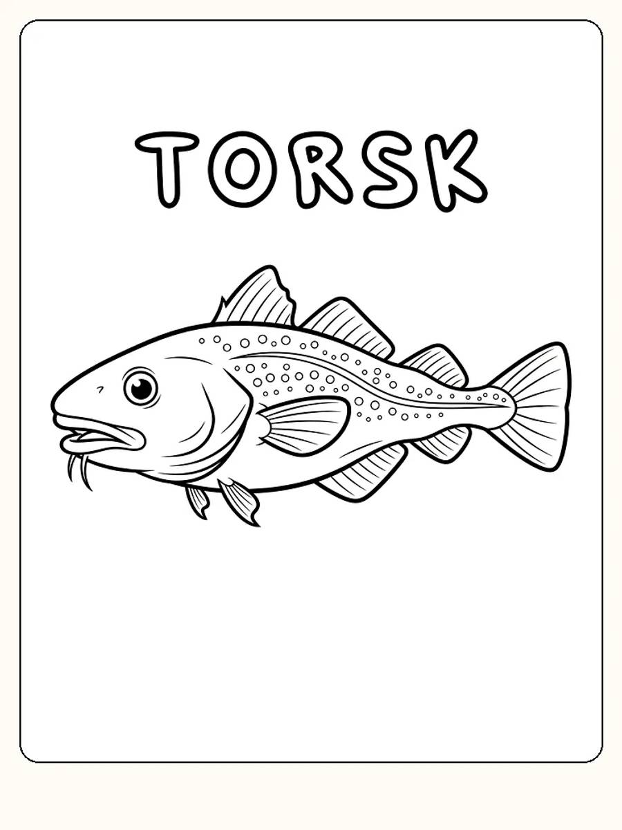 Fargeleggingstegning av en torsk, enkel og klar for utskrift