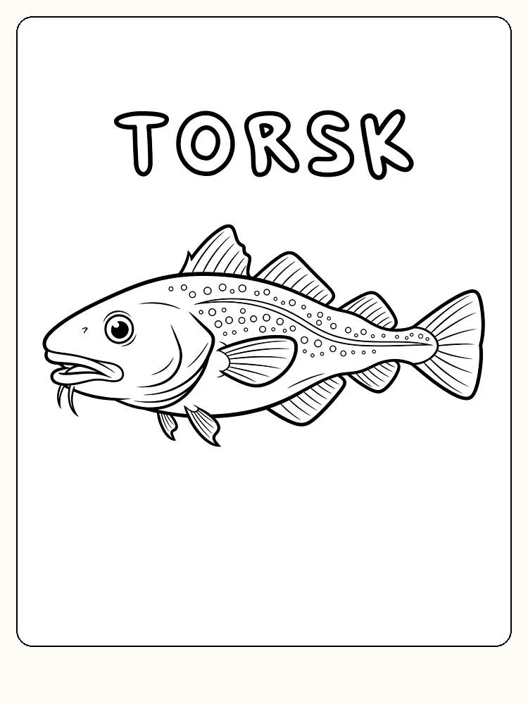 Fargeleggingstegning av en torsk, enkel og klar for utskrift