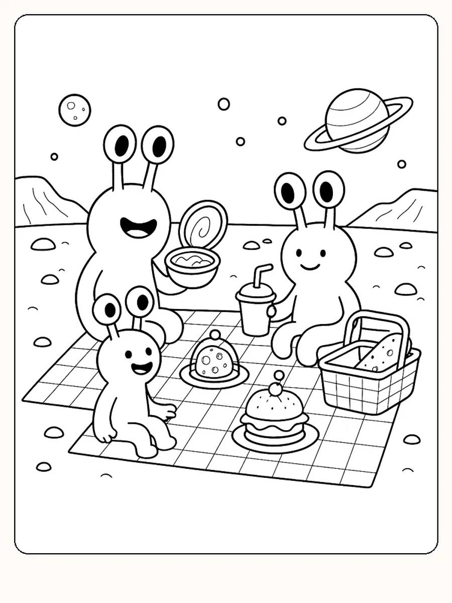 Tegning til farvelægning af rumvæsener, der holder picnic i verdensrummet, klar til print