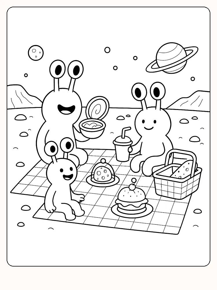 Tegning til farvelægning af rumvæsener, der holder picnic i verdensrummet, klar til print