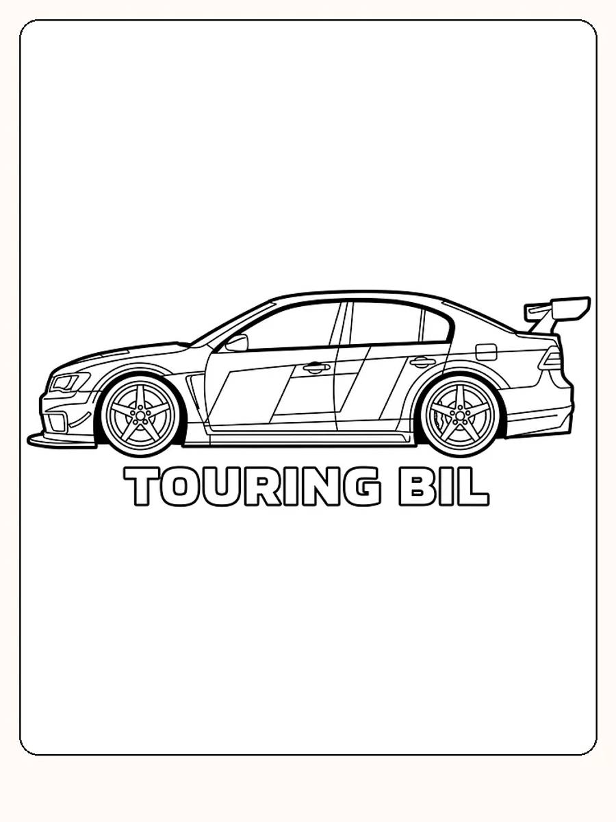 Tegning til farvelægning af en touringracerbil set fra siden, klar til print