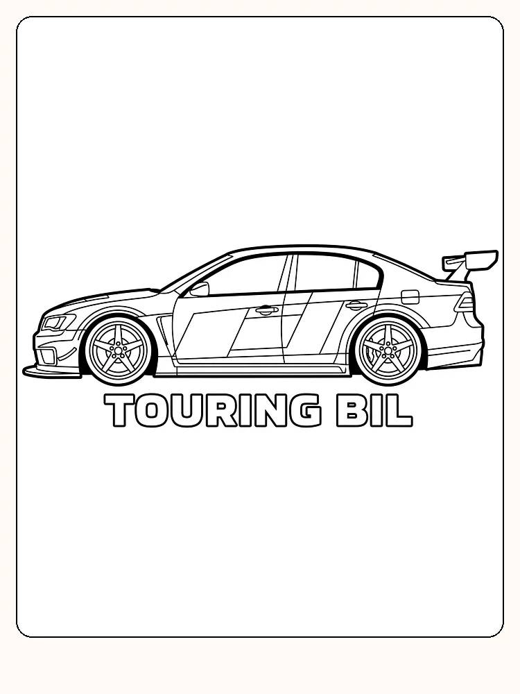 Tegning til farvelægning af en touringracerbil set fra siden, klar til print