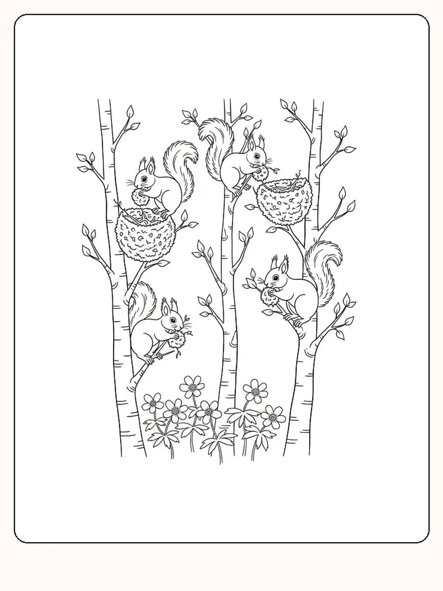 Fargeleggingstegning av ekorn i trær blant blomster. Perfekt for utskrift og fargelegging.