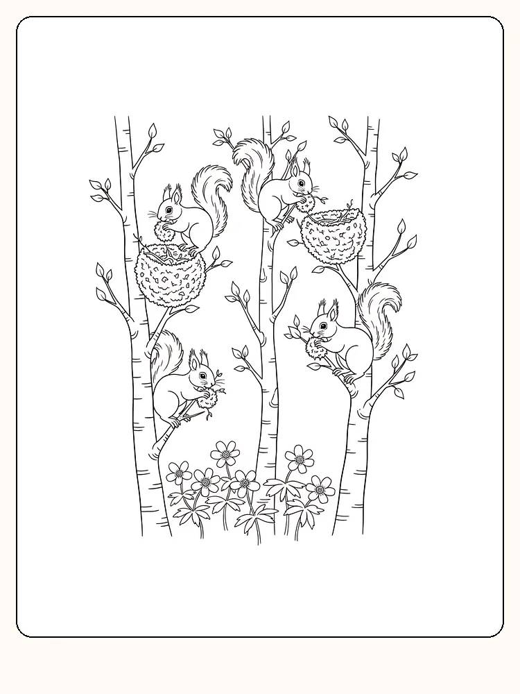 Fargeleggingstegning av ekorn i trær blant blomster. Perfekt for utskrift og fargelegging.
