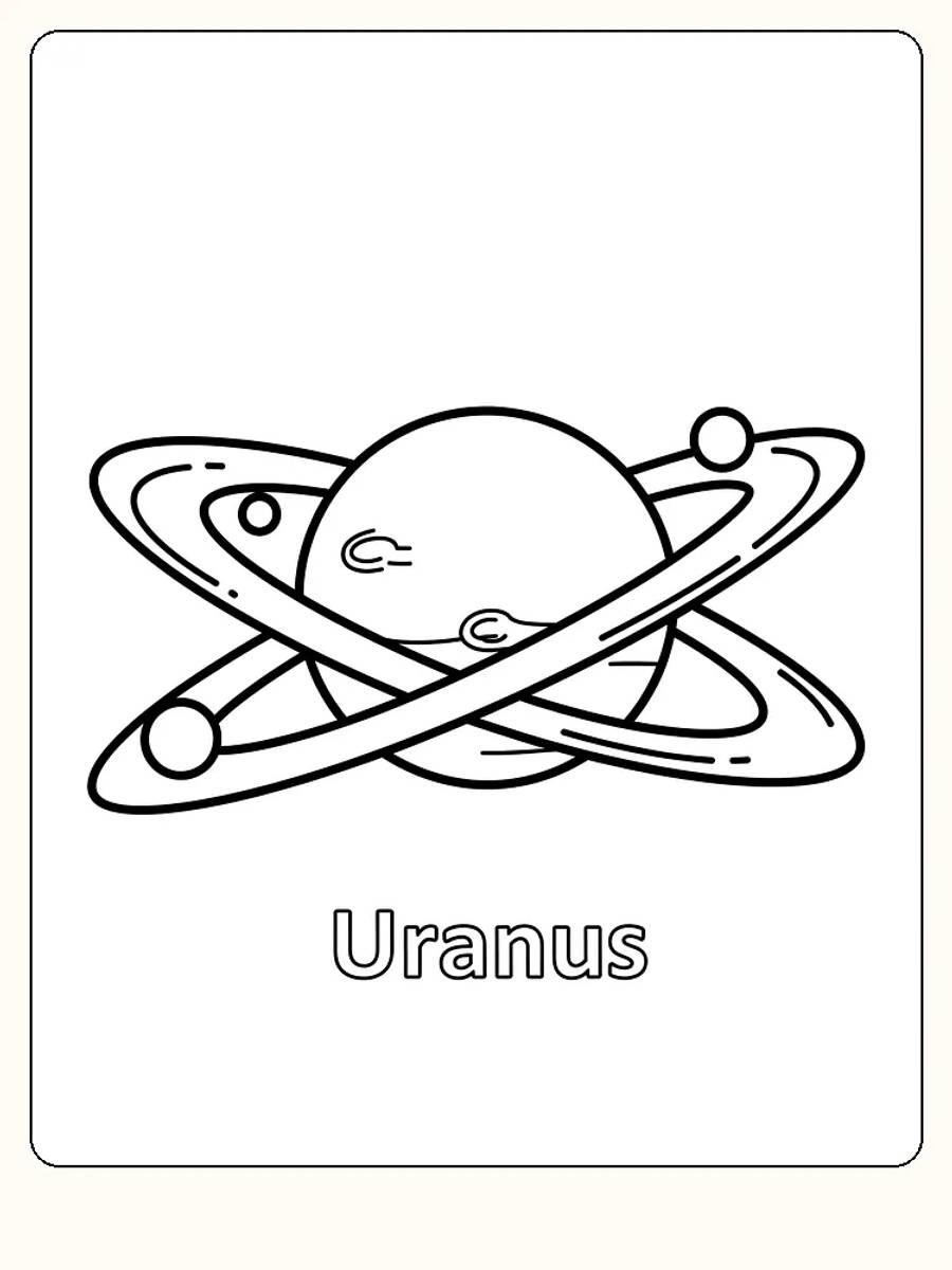 Fargeleggingstegning av planeten Uranus med ringer og måner, klar for utskrift