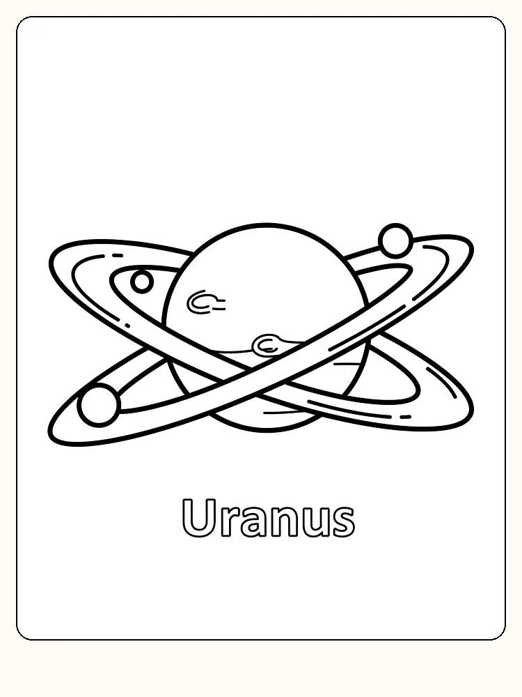 Fargeleggingstegning av planeten Uranus med ringer og måner, klar for utskrift