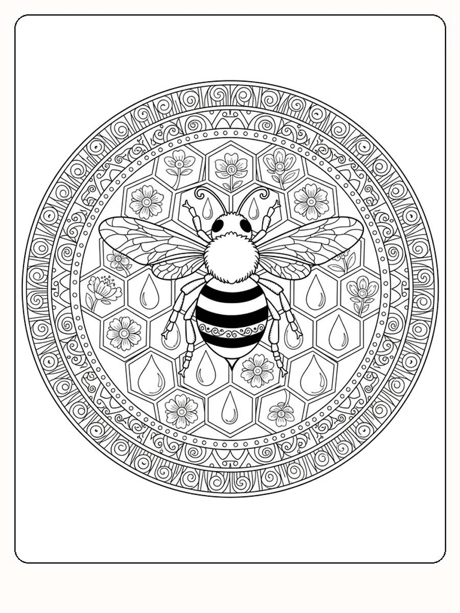 Fargeleggingsbilde av en bie i et geometrisk mandala mønster, perfekt for avslapning