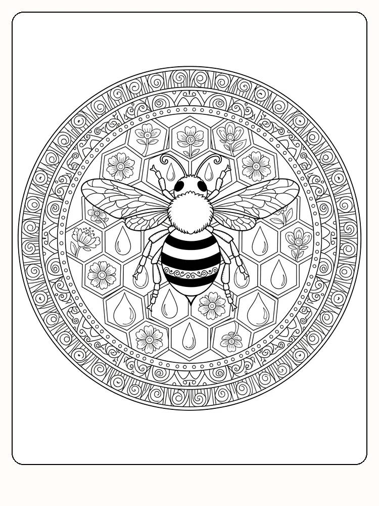 Fargeleggingsbilde av en bie i et geometrisk mandala mønster, perfekt for avslapning