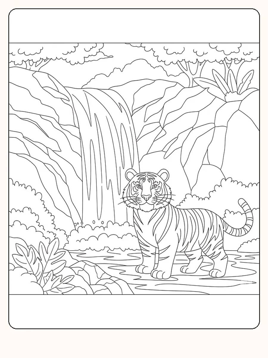 Tegning til farvelægning af en tiger ved et vandfald i junglen, klar til print