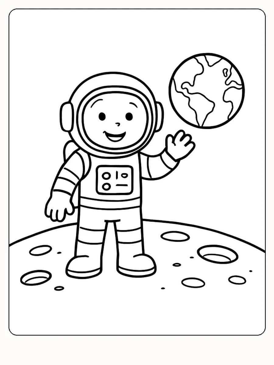 Tegning til farvelægning af en smilende astronaut, der står på månen med jordkloden i baggrunden