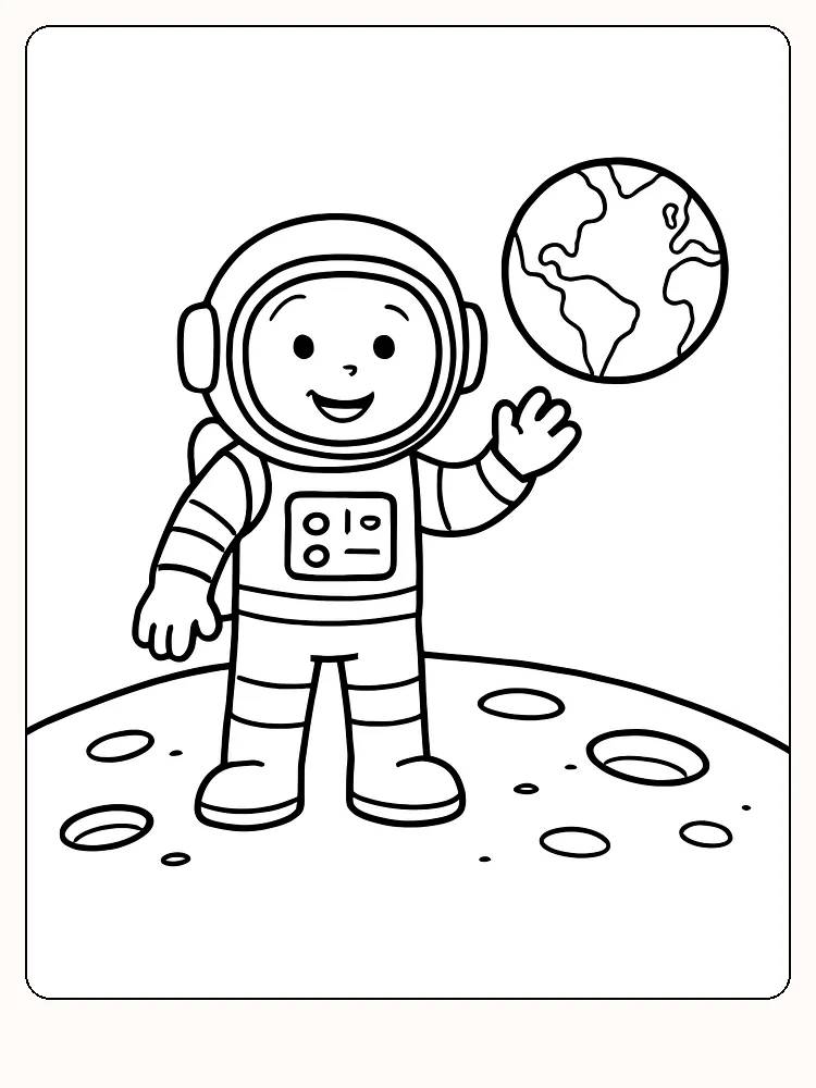 Tegning til farvelægning af en smilende astronaut, der står på månen med jordkloden i baggrunden