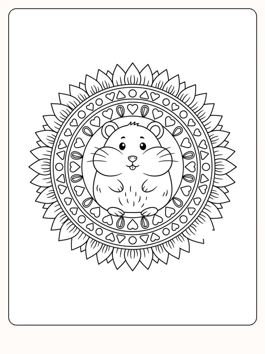 Fargeleggingstegning av en hamster i en dekorativ mandala med hjerter, klar for utskrift