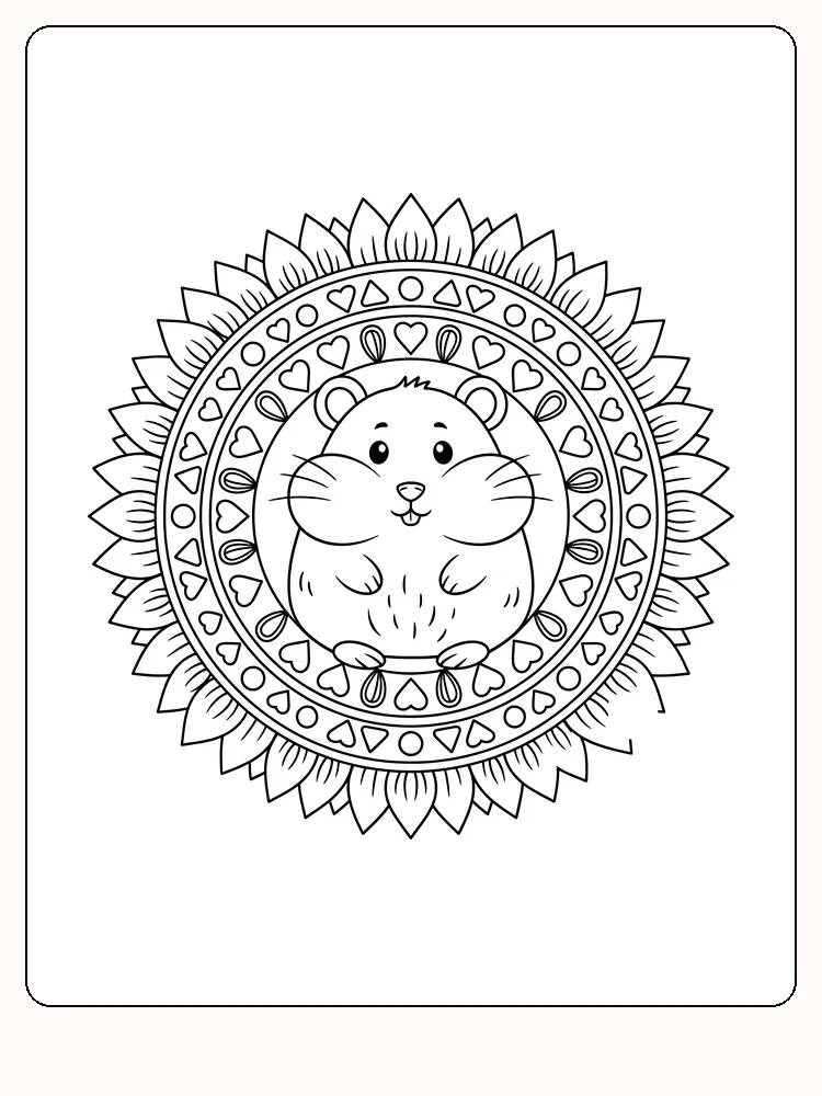 Fargeleggingstegning av en hamster i en dekorativ mandala med hjerter, klar for utskrift