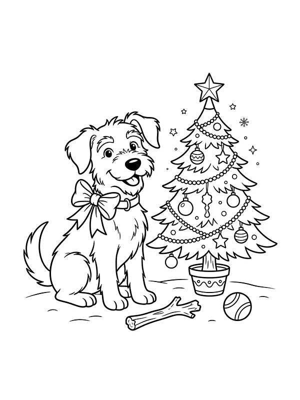 Hund med sløjfe ved et juletræ