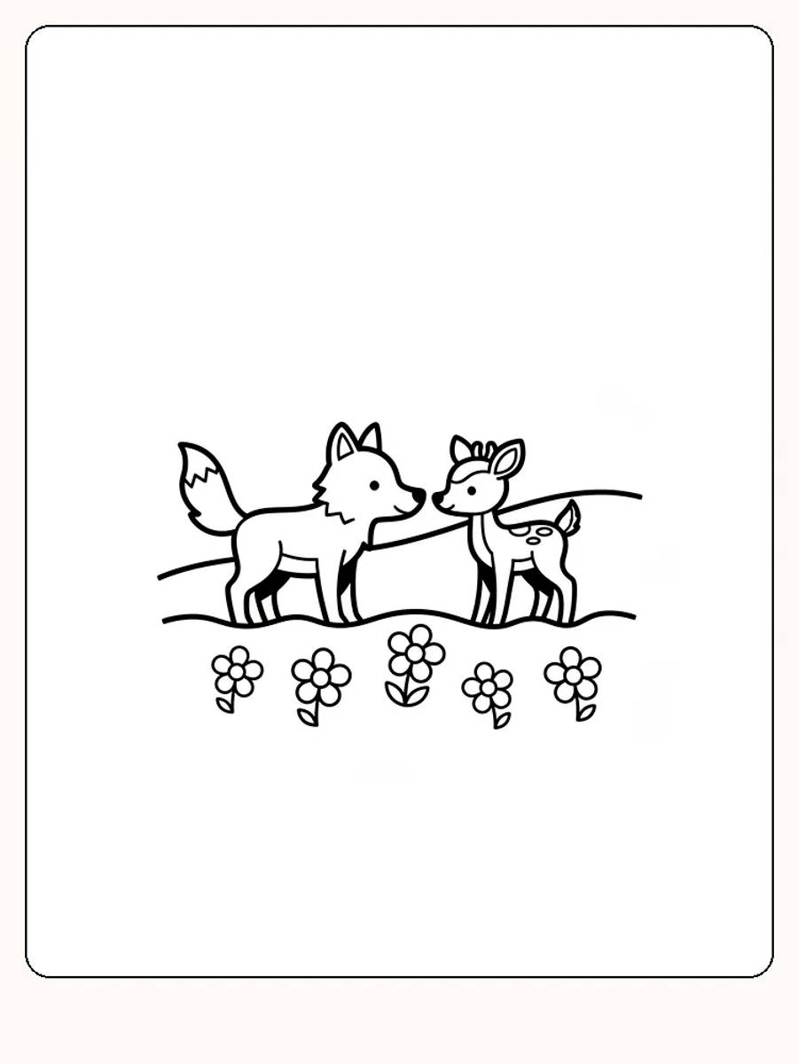 Farvelægning af en ræv og et rådyr blandt blomster, klar til print