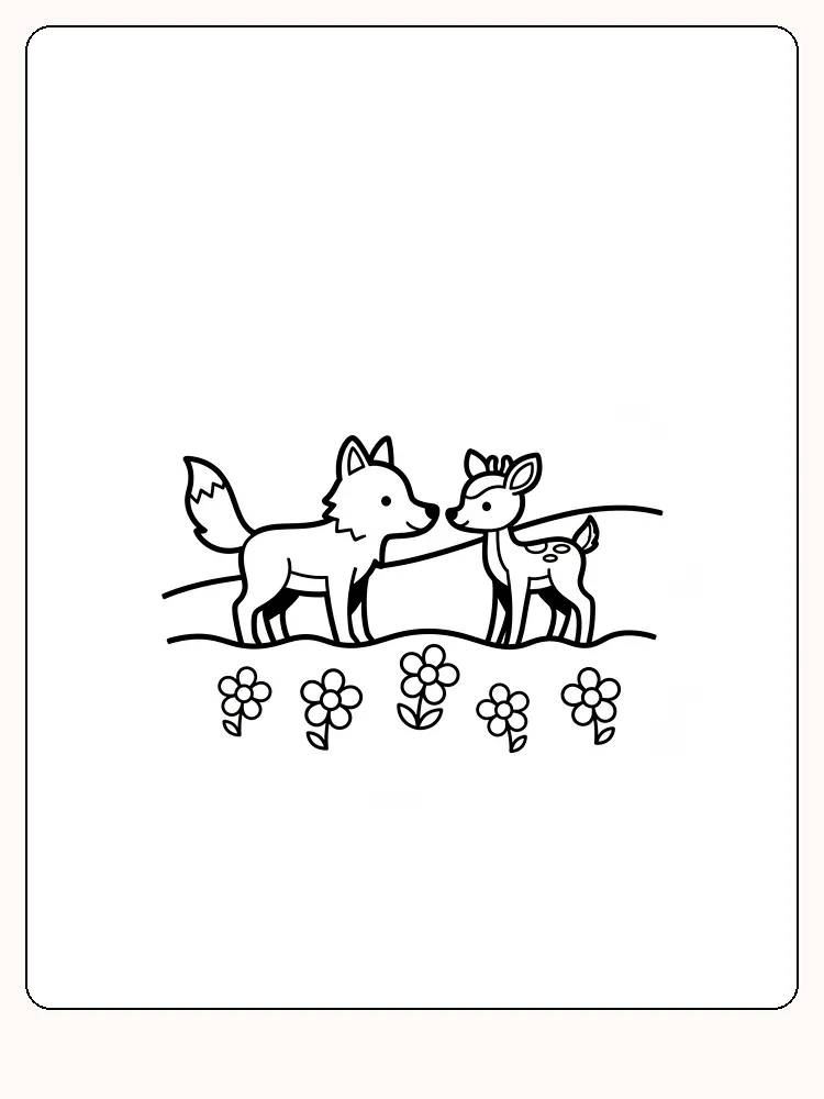 Farvelægning af en ræv og et rådyr blandt blomster, klar til print