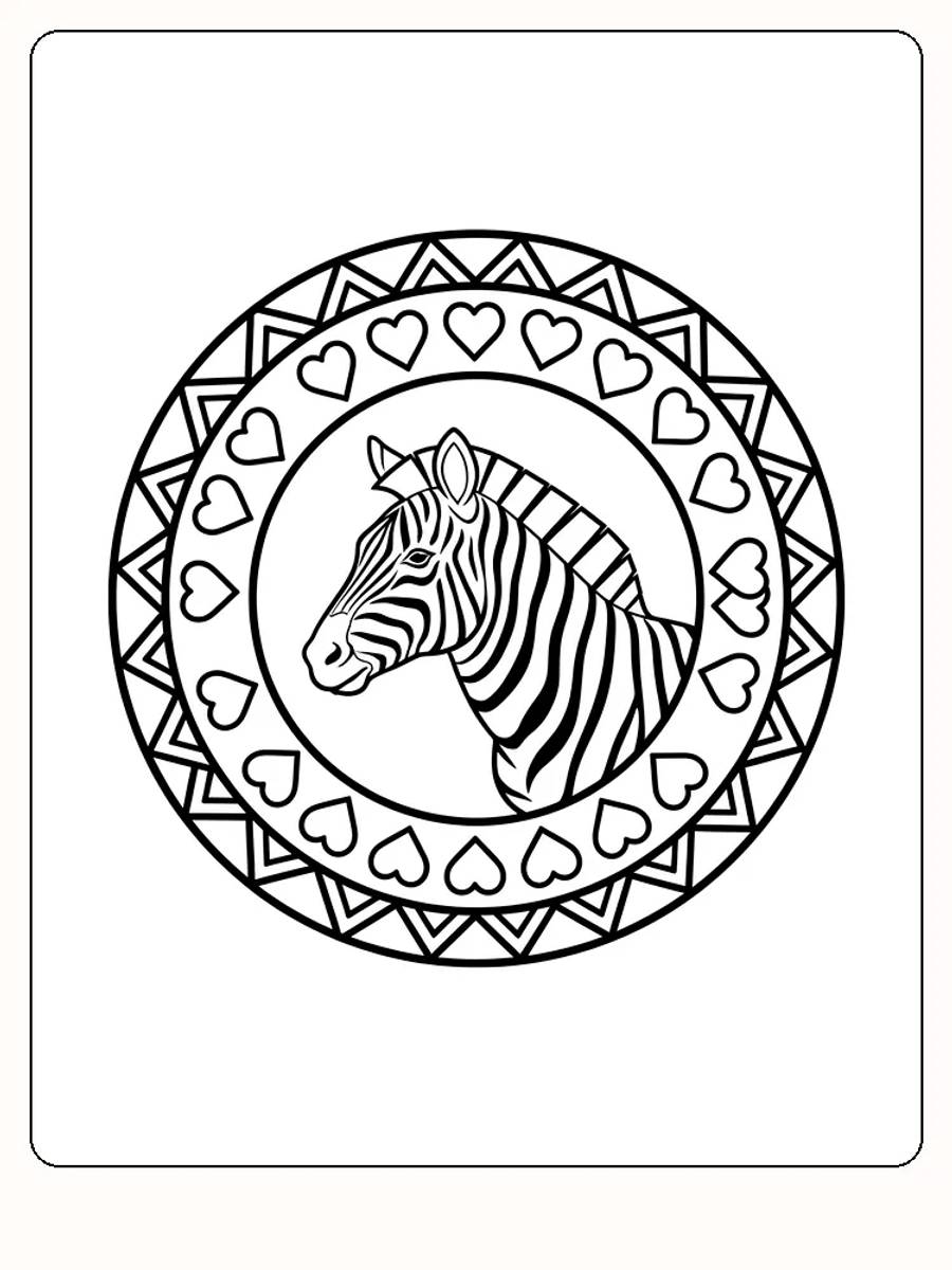 Fargelegging av en zebra i et mandala-mønster omgitt av hjerter og geometriske former