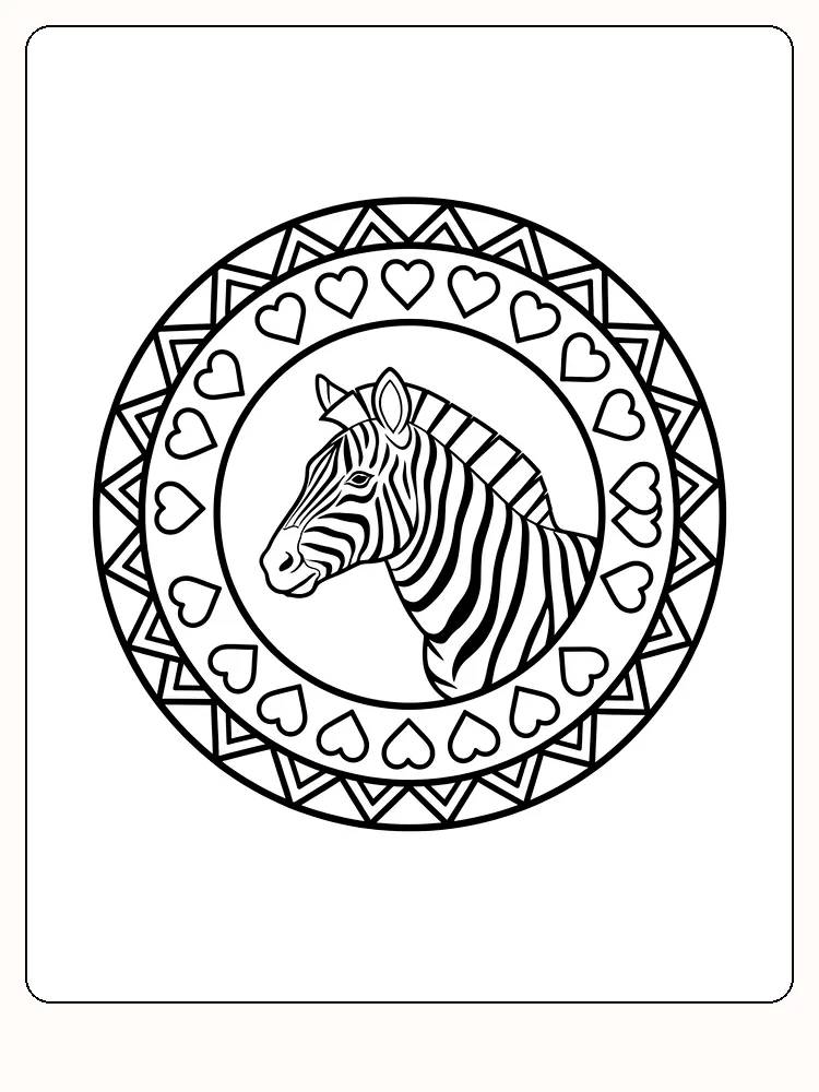 Fargelegging av en zebra i et mandala-mønster omgitt av hjerter og geometriske former