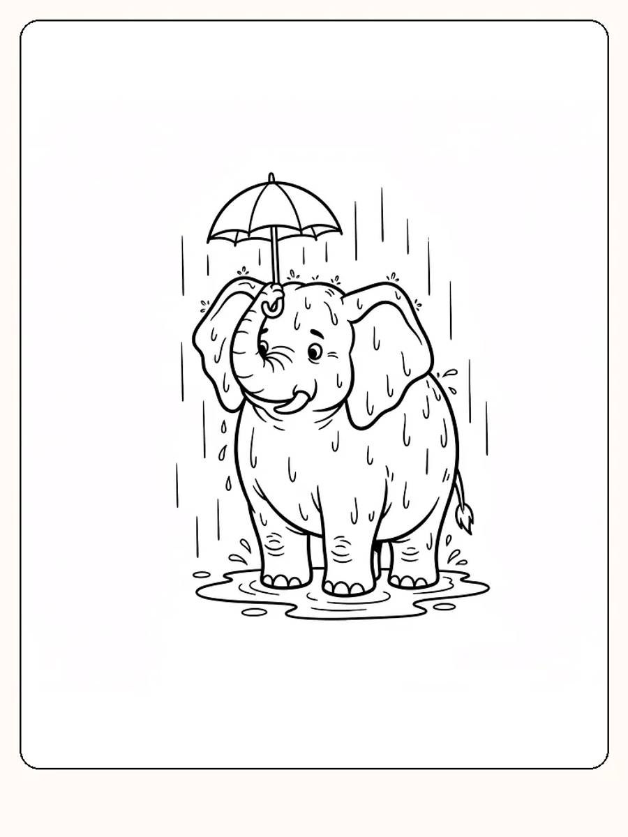 Fargeleggingstegning av en elefant som holder en paraply, perfekt for utskrift