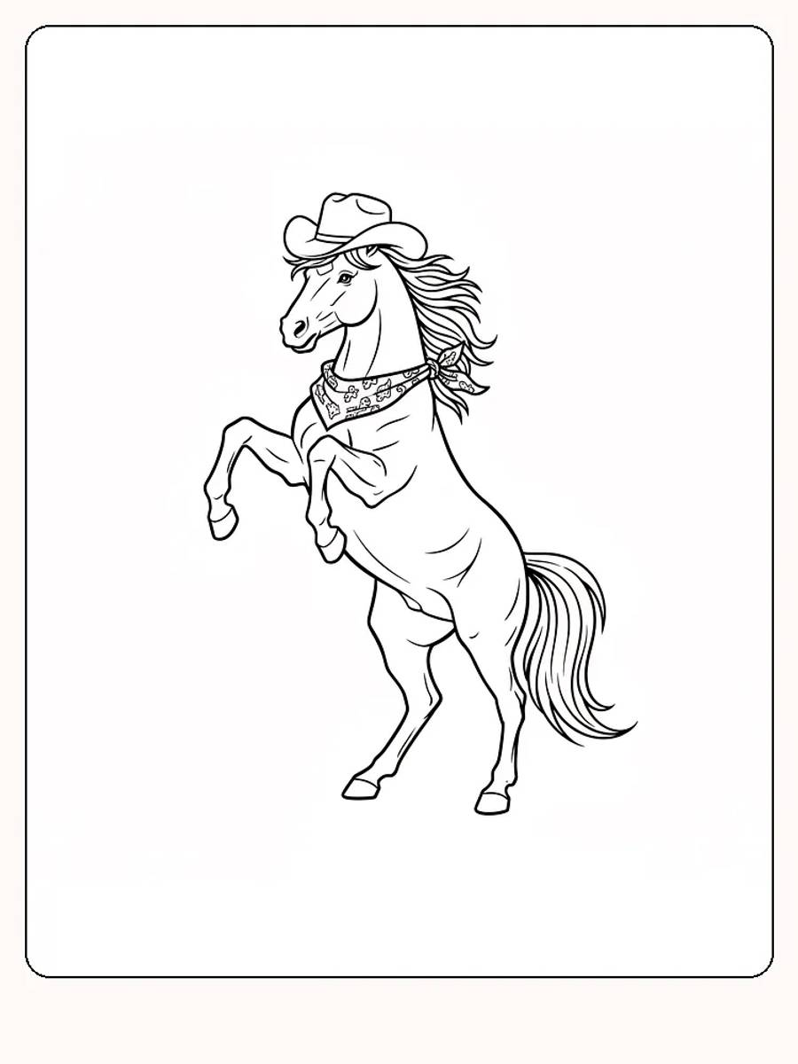 Fargeleggingstegning av en hest med cowboyhatt og banderole, klar for utskrift