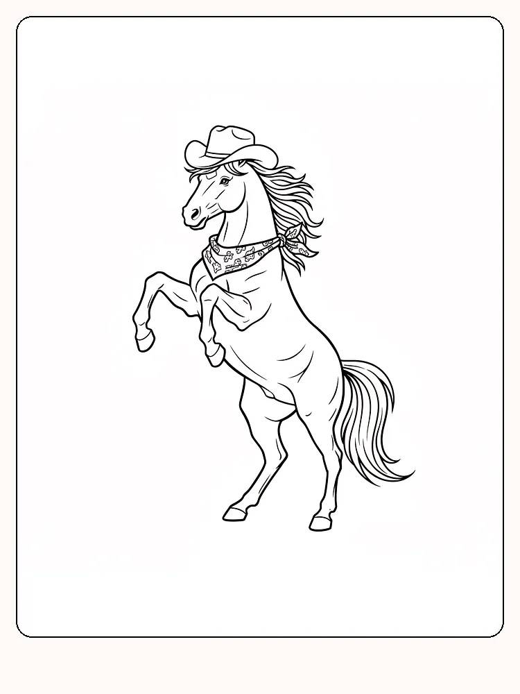 Fargeleggingstegning av en hest med cowboyhatt og banderole, klar for utskrift