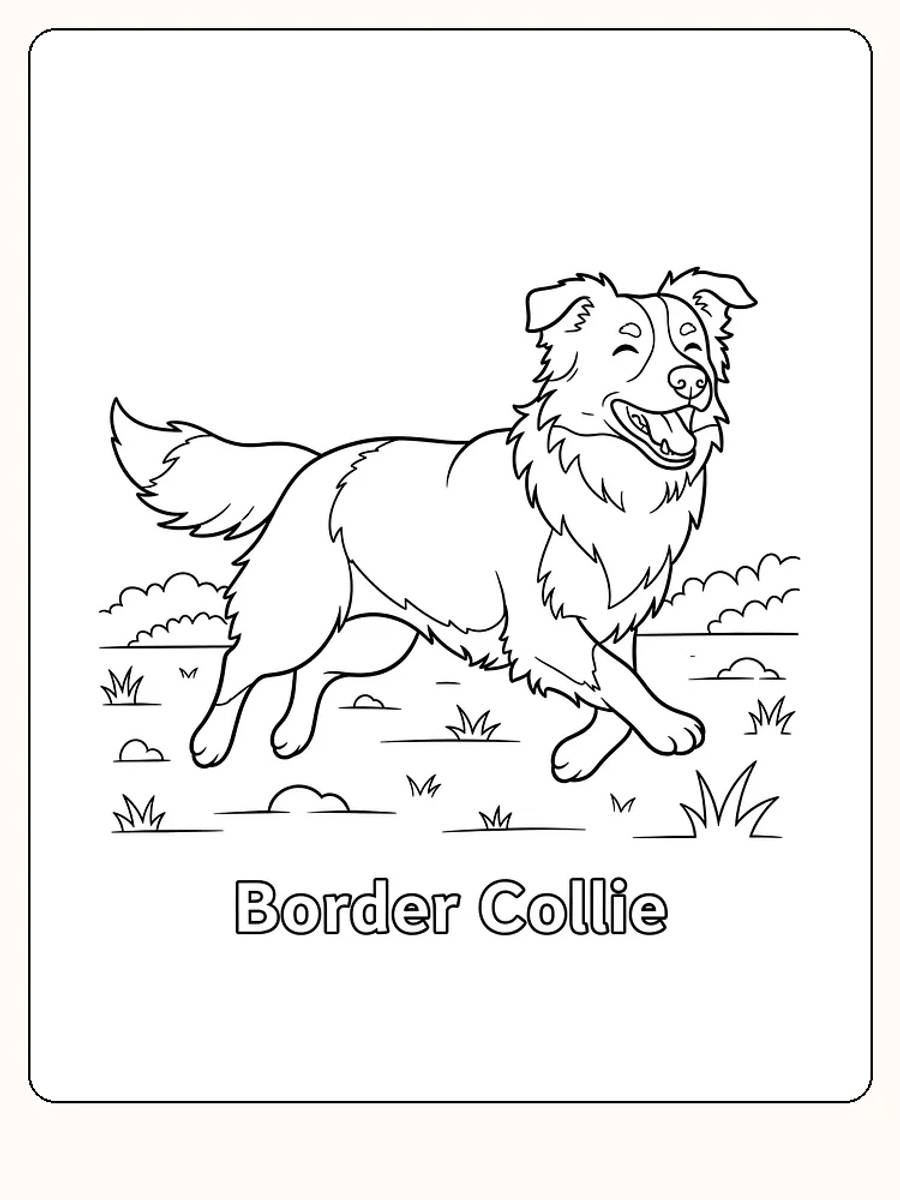 Fargeleggingsbilde av en Border Collie som løper gjennom et landskap