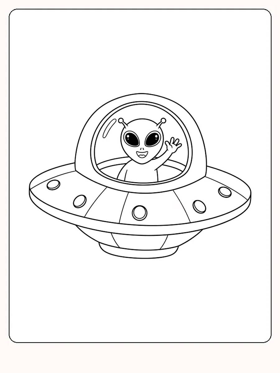 Tegning til farvelægning af en alien i et rumskib, der vinker og smiler