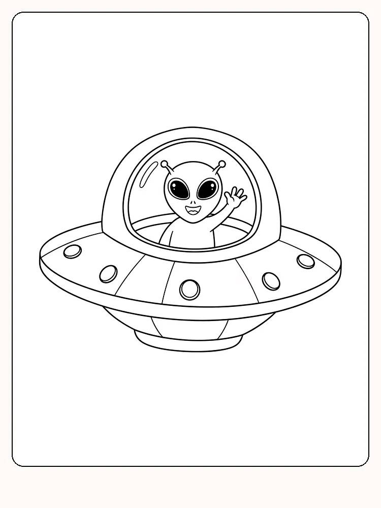 Tegning til farvelægning af en alien i et rumskib, der vinker og smiler