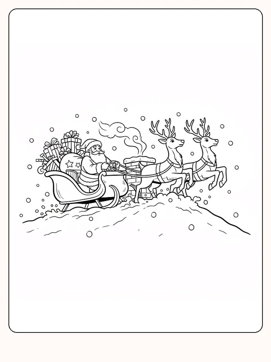 Tegning til farvelægning af julemanden i en slæde fyldt med gaver, trukket af to rensdyr