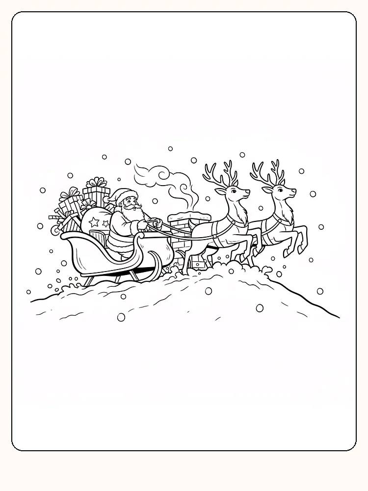 Tegning til farvelægning af julemanden i en slæde fyldt med gaver, trukket af to rensdyr