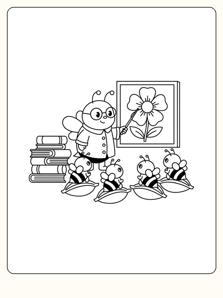 Fargeleggingstegning av bi med briller som underviser små bier om en blomst, klar for utskrift