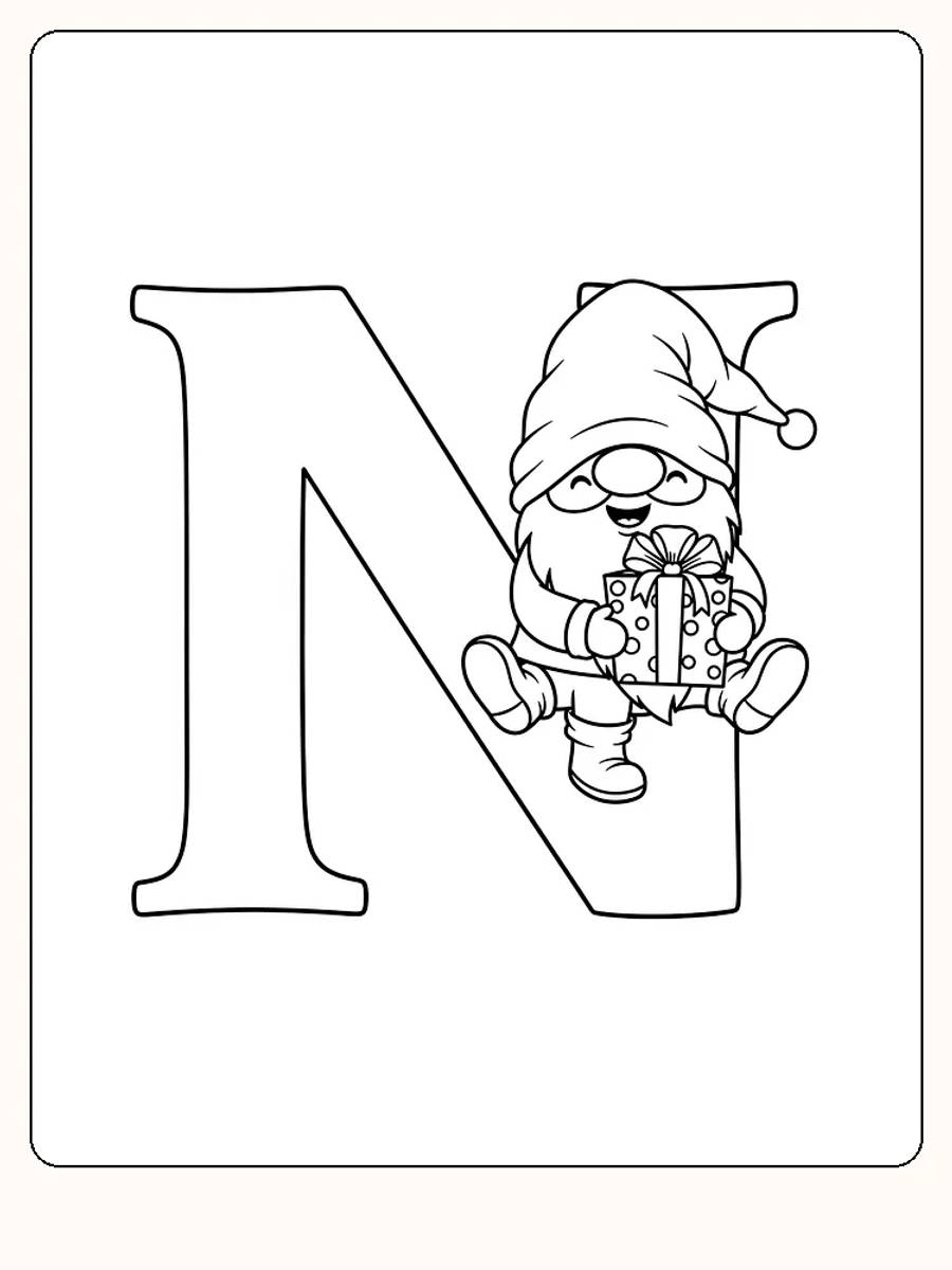 Tegning til farvelægning med bogstavet N og en nisse, der holder en gave, klar til print