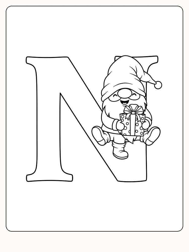 Tegning til farvelægning med bogstavet N og en nisse, der holder en gave, klar til print