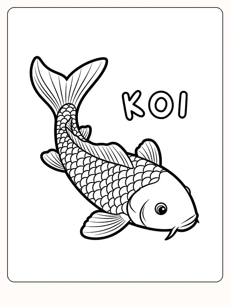 Fargeleggingstegning av en koi fisk med mange detaljer, klar for utskrift