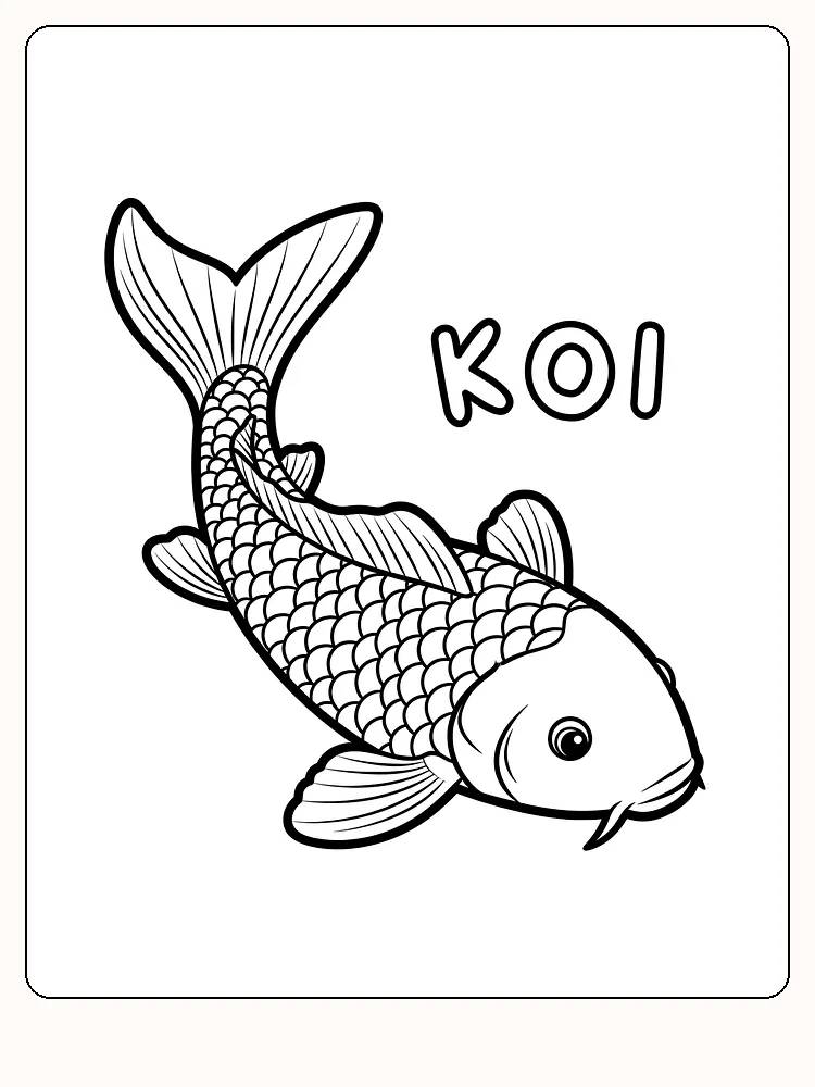 Fargeleggingstegning av en koi fisk med mange detaljer, klar for utskrift