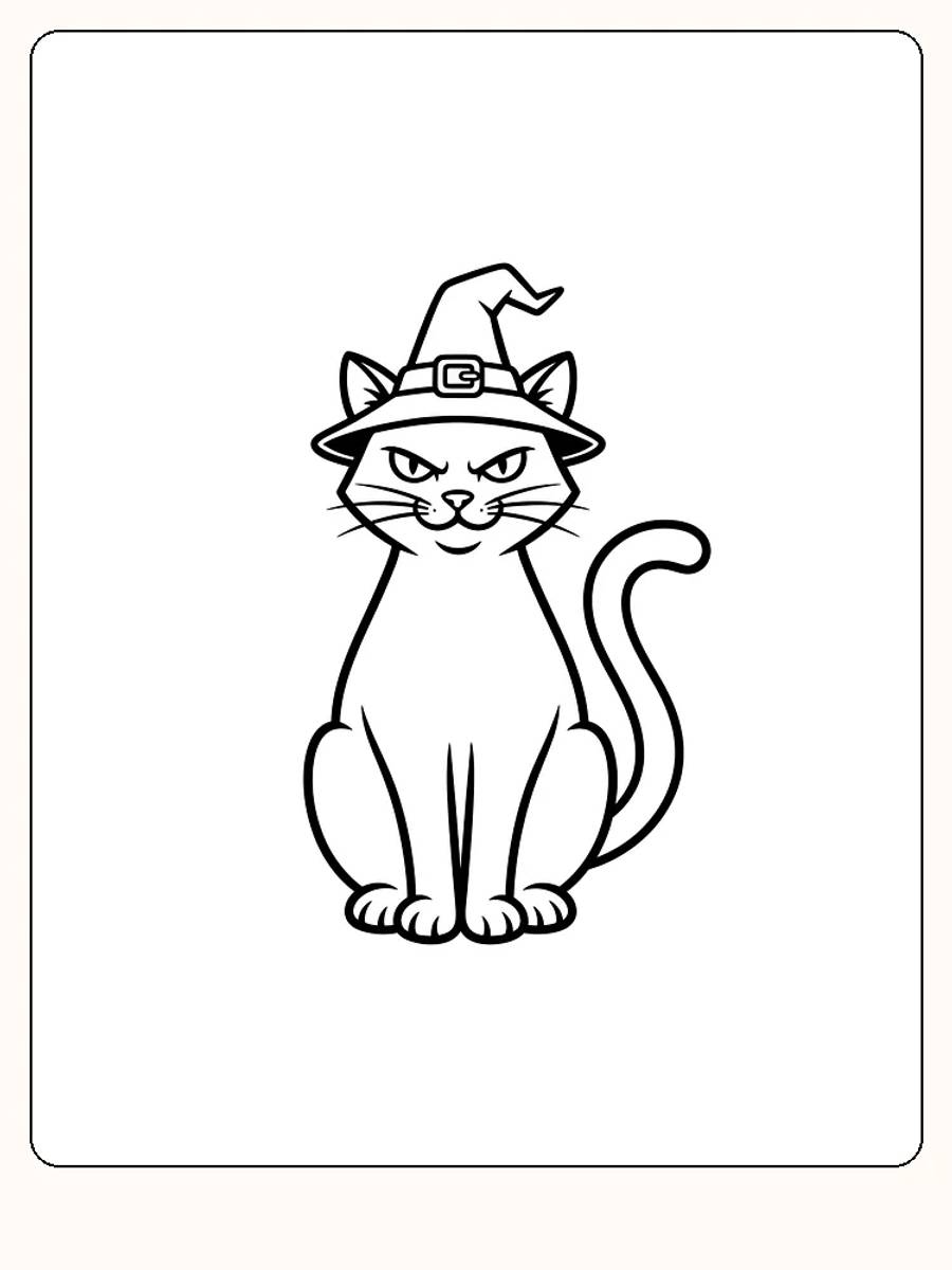 Tegning af en kat med heksehat til farvelægning, perfekt til børn, der kan lide halloween