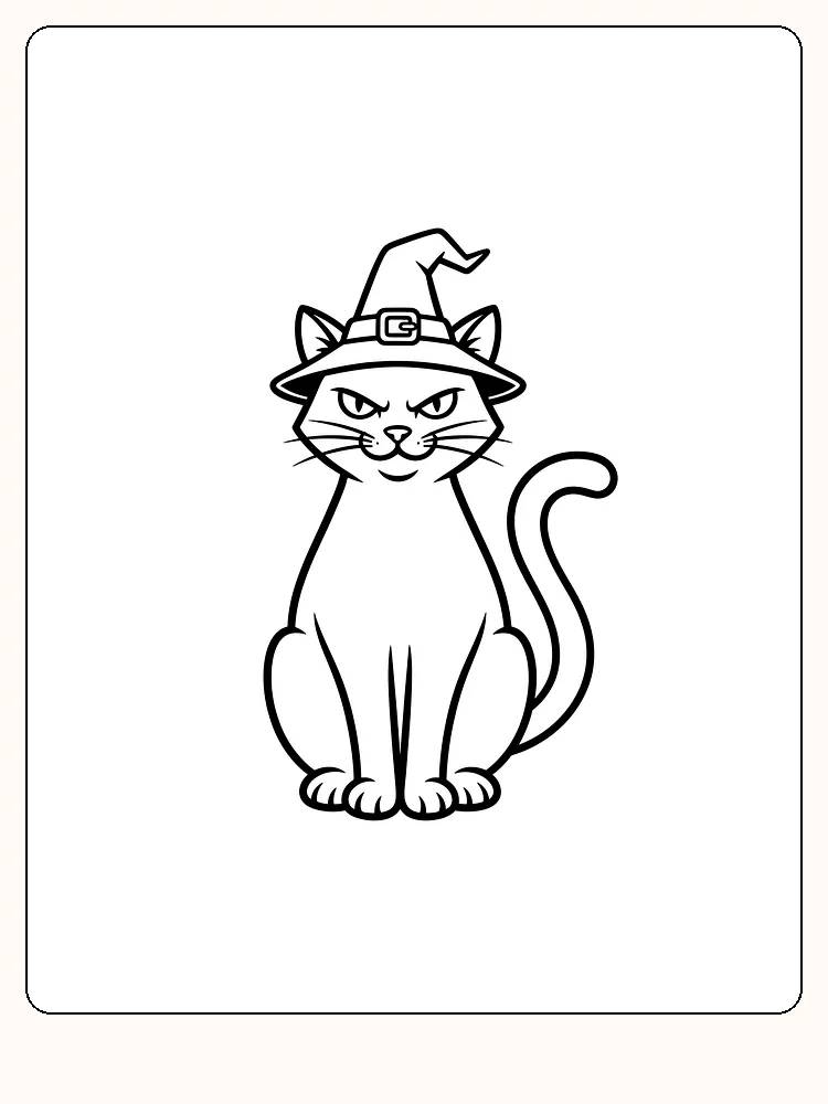 Tegning af en kat med heksehat til farvelægning, perfekt til børn, der kan lide halloween