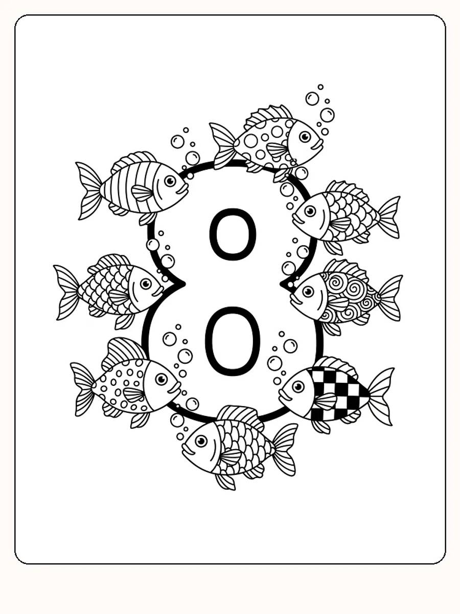 Ausmalbild eines Fisches in einem Kreis um die Zahl acht, mit verschiedenen Mustern für kreative Gestaltung.