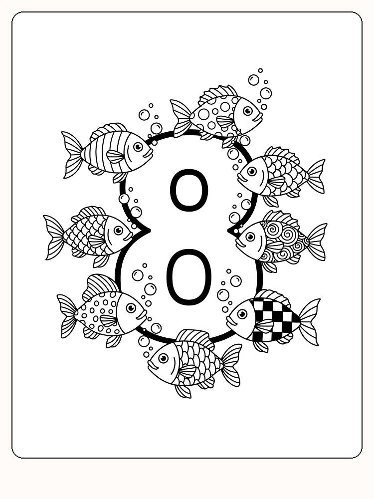 Ausmalbild eines Fisches in einem Kreis um die Zahl acht, mit verschiedenen Mustern für kreative Gestaltung.