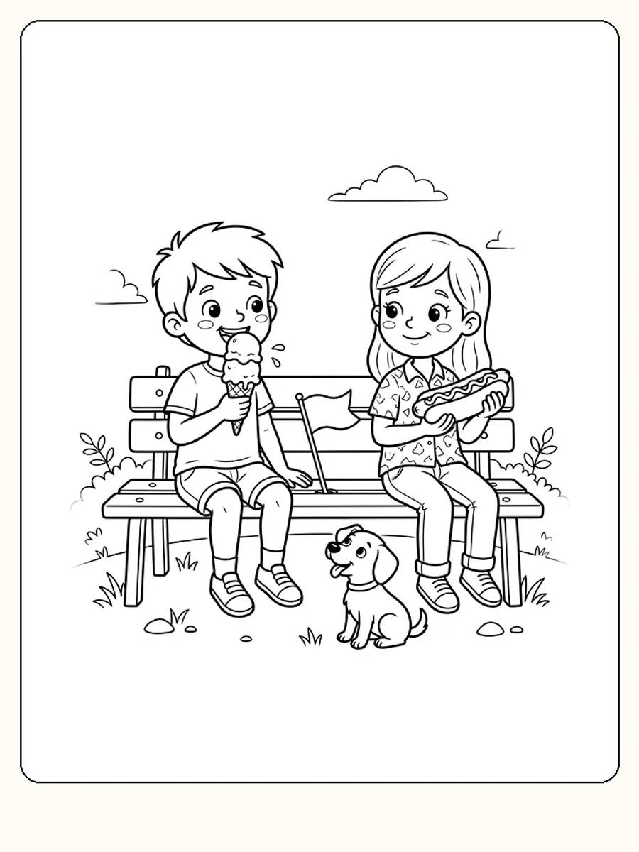 Fête nationale : garçon avec une glace et fille avec un hot-dog sur un banc, avec un petit drapeau entre eux et un chiot devant